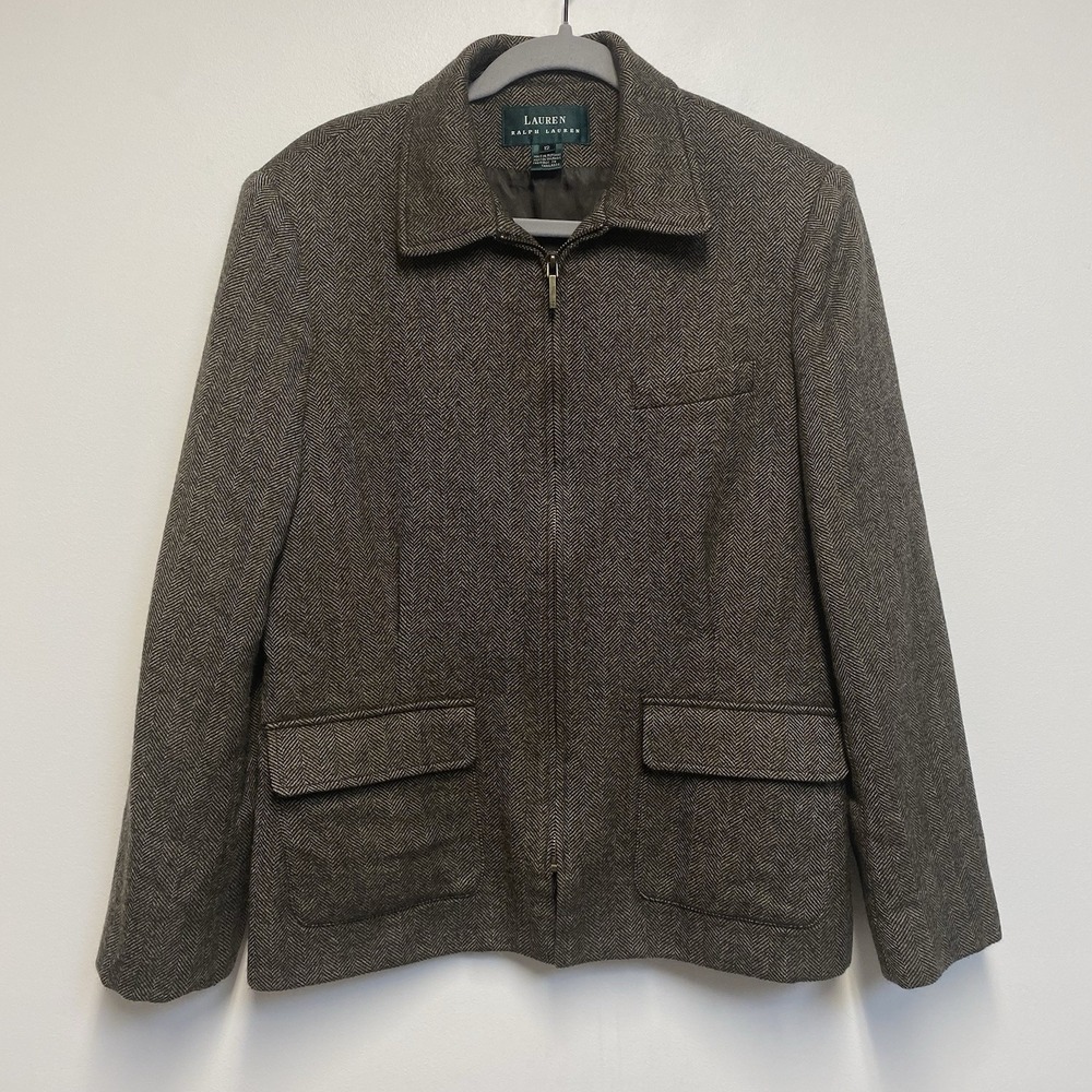 Lauren Ralph Lauren Wool Herringbone Jacket Blazer Size 12‎ Full Zip Buckle Back